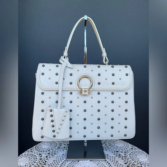 •••SOLD•••Retailed $3550 Versace Calfskin Studded DV Satchel White Bag - Picture 4 of 17